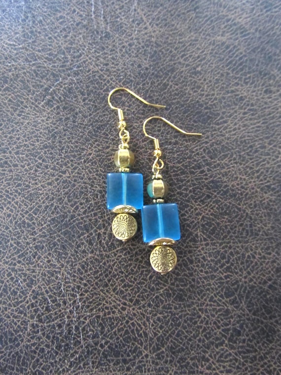 Blue frosted glass and gold earrings