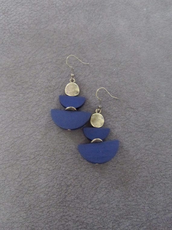 Navy blue geometric wooden mid century modern earrings