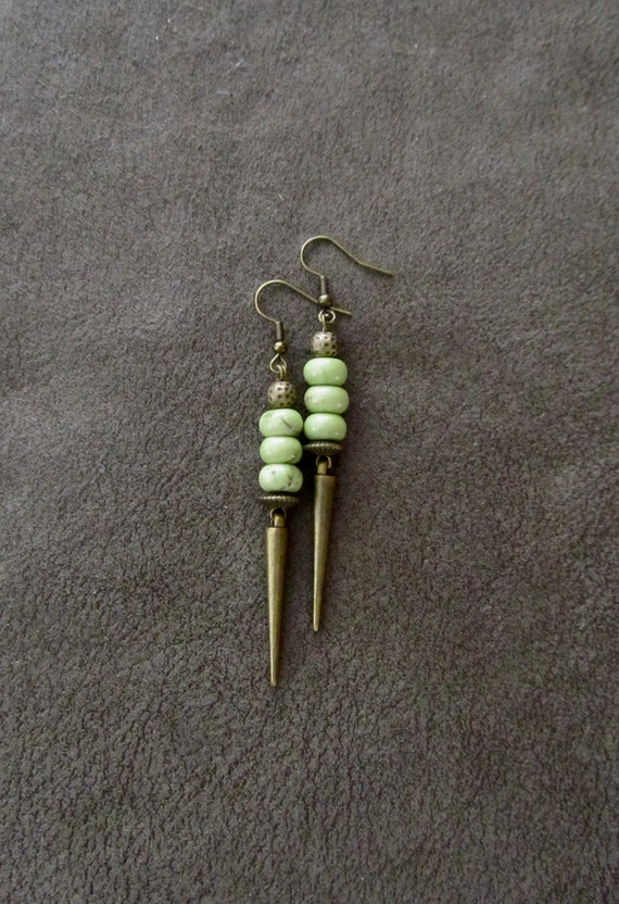 Jasper earrings, ethnic earrings, mid century modern earrings, rustic earrings, boho chic earrings, bronze minimalist, green earrings