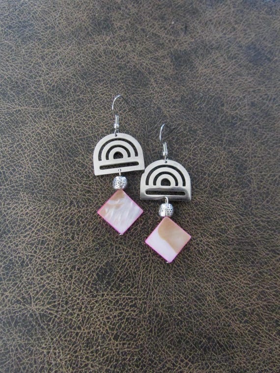 Mid century modern pink mother of pearl and silver earrings