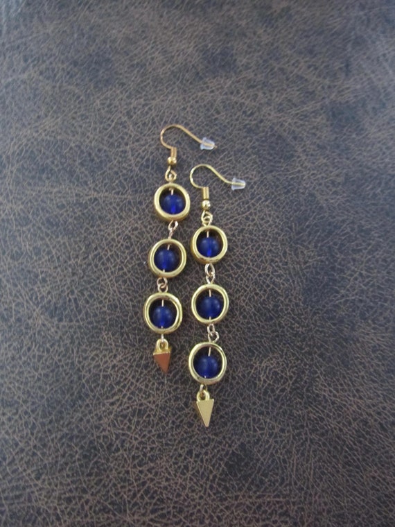 Long blue frosted glass and gold earrings, geometric earrings