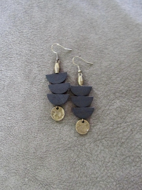 Black wood earrings, brass Afrocentric earrings, mid century modern earrings, African earrings, bold statement, unique pagoda earrings