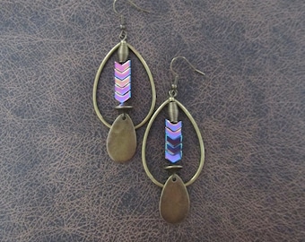 Bronze and hematite tear drop hoop earrings, multicolor