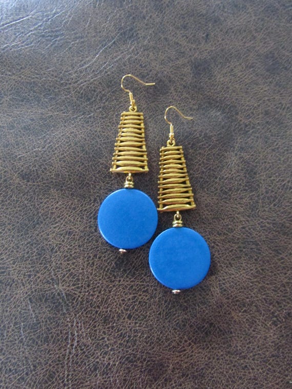Mid century modern blue wood and gold earrings