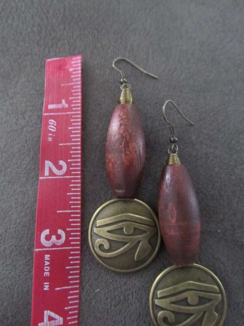 Egyptian African earrings, bold statement earrings, ethnic tribal earrings, stained wood, Afrocentric eye of Ra earrings, mythology 2 image 3