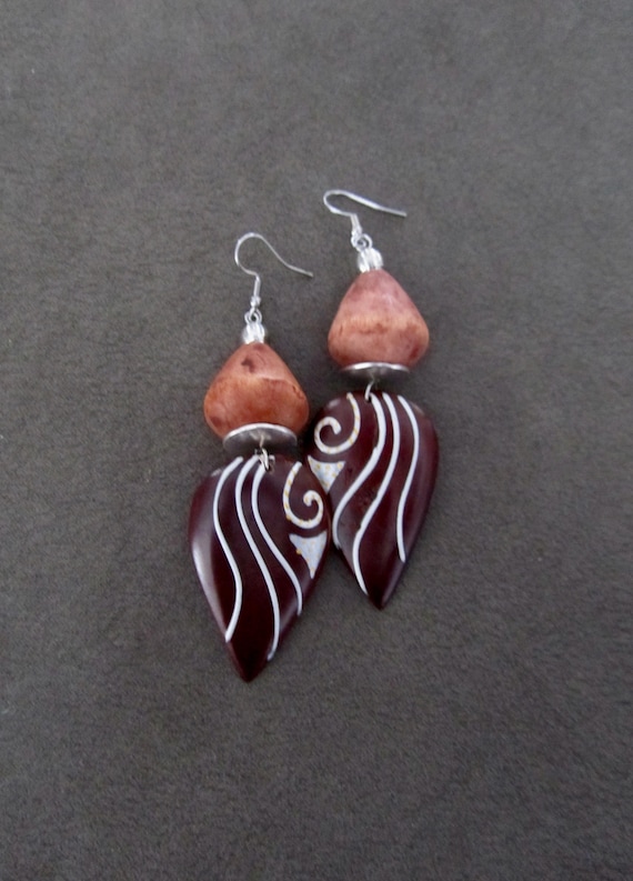 Large tribal painted wooden earrings 2
