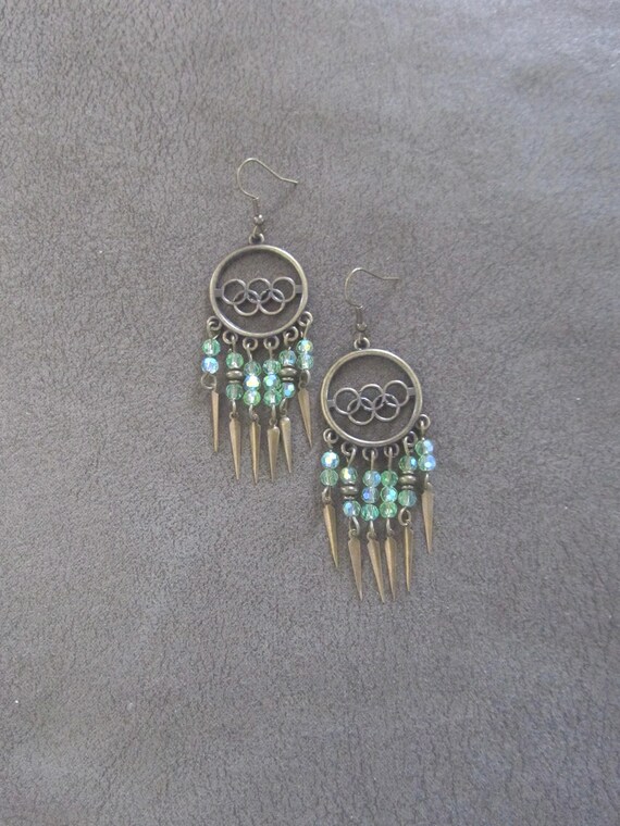 Crystal chandelier earrings, green and bronze earrings