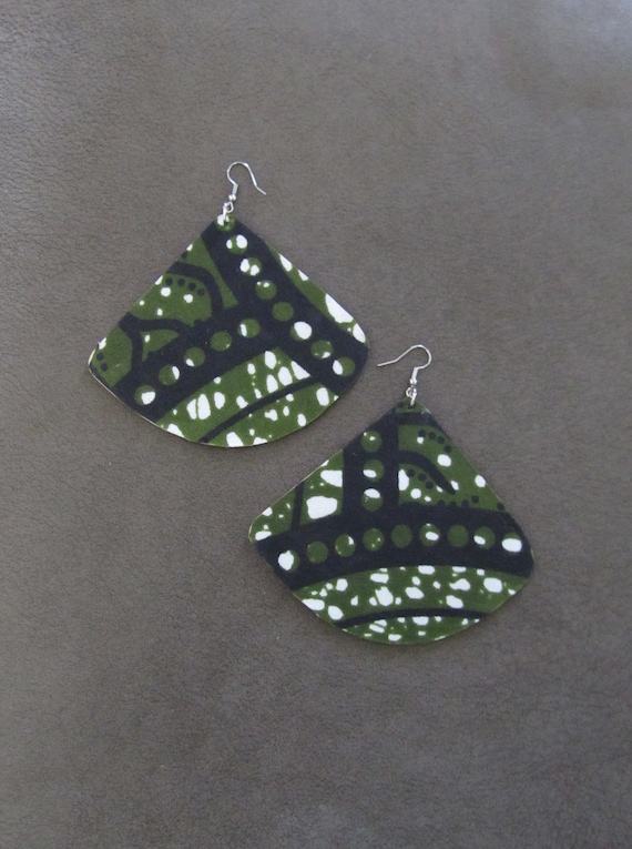 Large African print earrings, Ankara earrings, bold statement earrings, Afrocentric earrings, huge batik earrings, army green