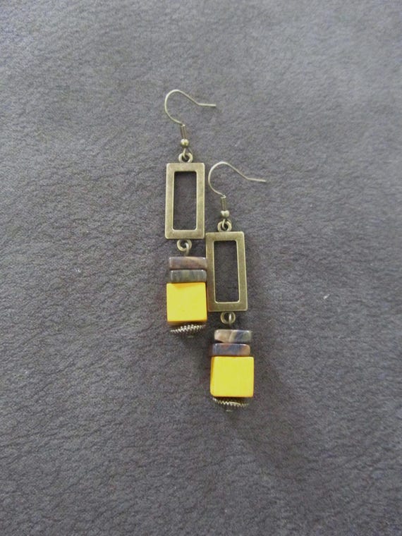 Modern jasper and yellow wooden earrings