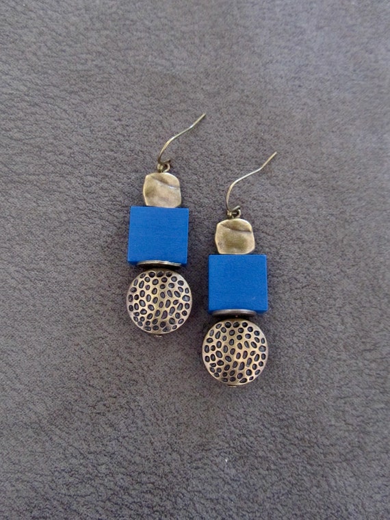 Blue wood, bronze animal print earrings, Afrocentric dangle earrings, mid century modern earrings, African earrings, bold statement, unique