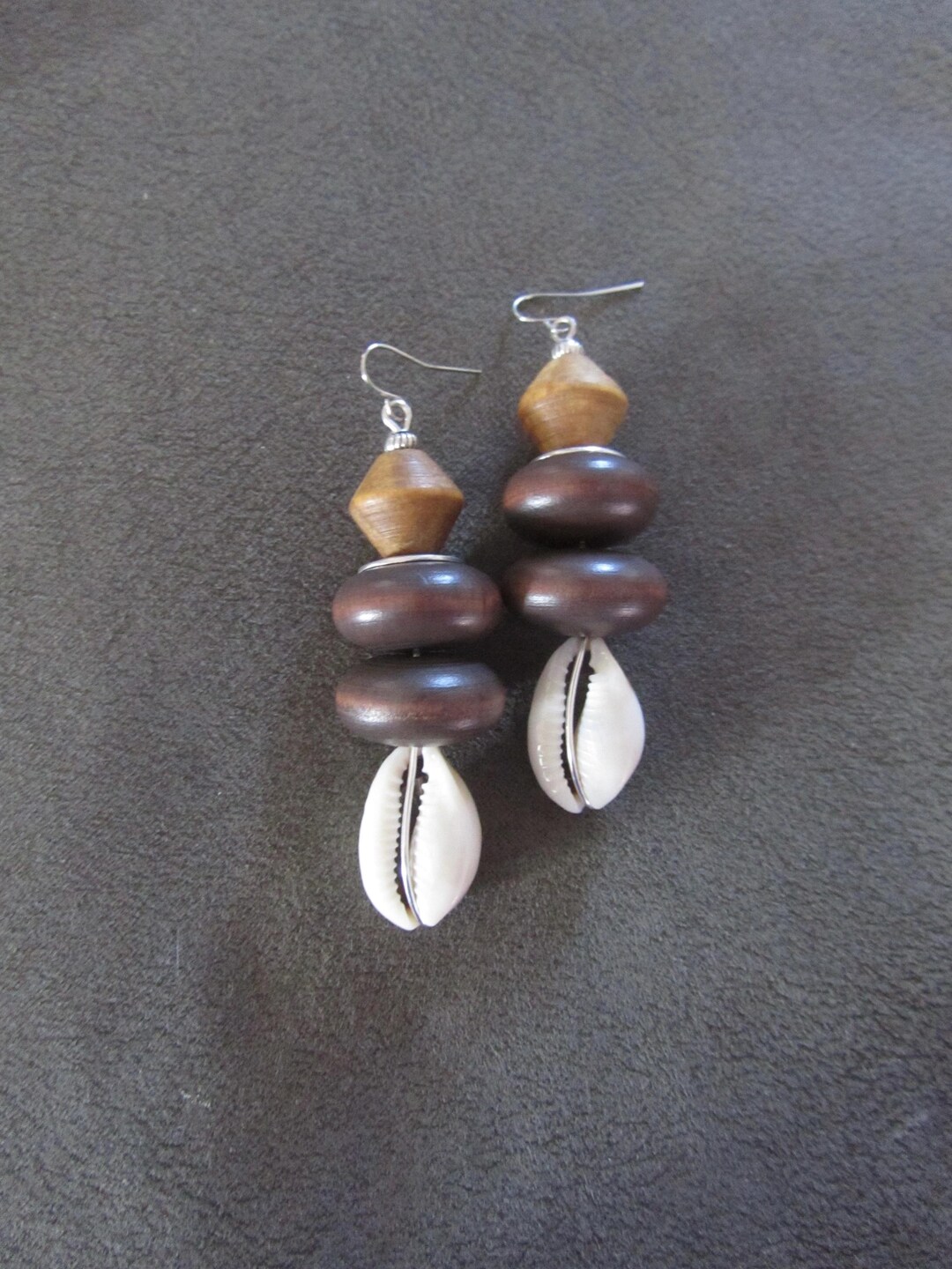 Bold Chunky Cowrie Shell and Brown Wooden Earrings - Etsy
