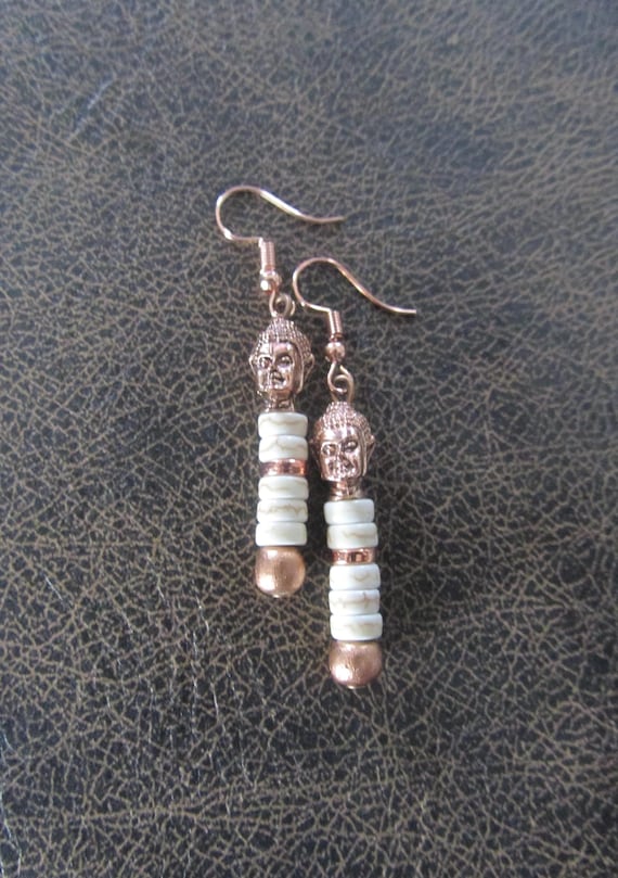 Buddha earrings, white howlite and copper earrings