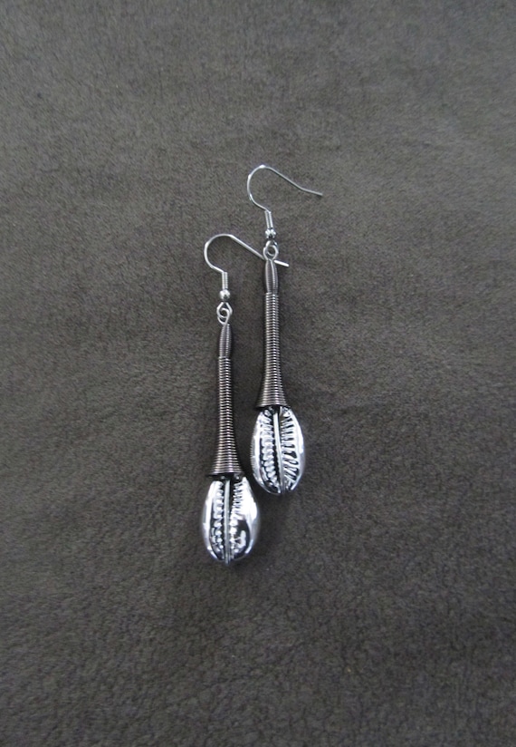 Cowrie shell earrings, silver and gunmetal futuristic earrings