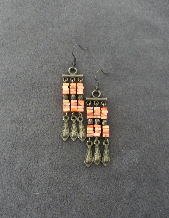 Imperial jasper and bronze tribal chandelier earrings