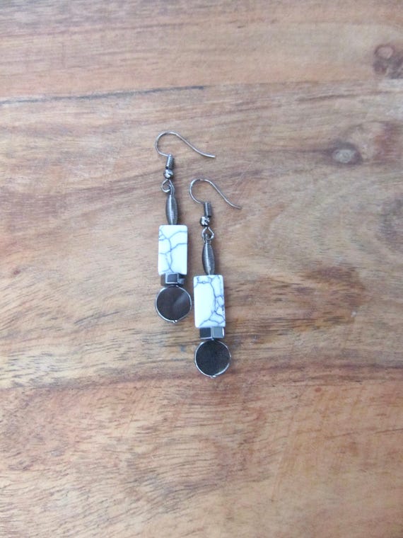 White marble stone and gunmetal earrings