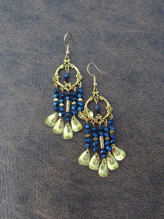 Gold chandelier and blue hematite earrings