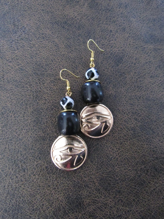 Egyptian eye of Ra and wooden and Tibetan agate earrings