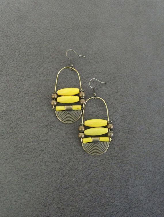 Afrocentric yellow earrings, wooden chandelier earrings