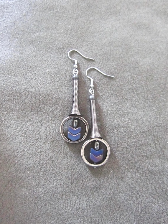 Gunmetal and royal blue hematite arrow geometric earrings
