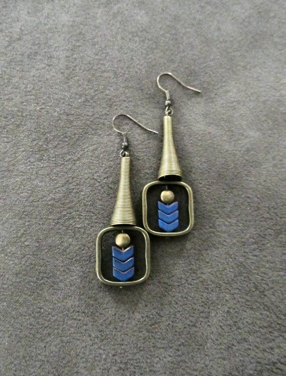 Bronze geometric industrial earrings blue square