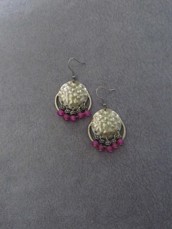 Pink frosted glass and hammered bronze chandelier earrings
