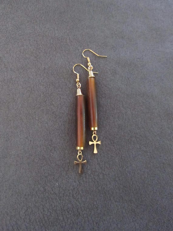 Orange bone and brass ankh earrings