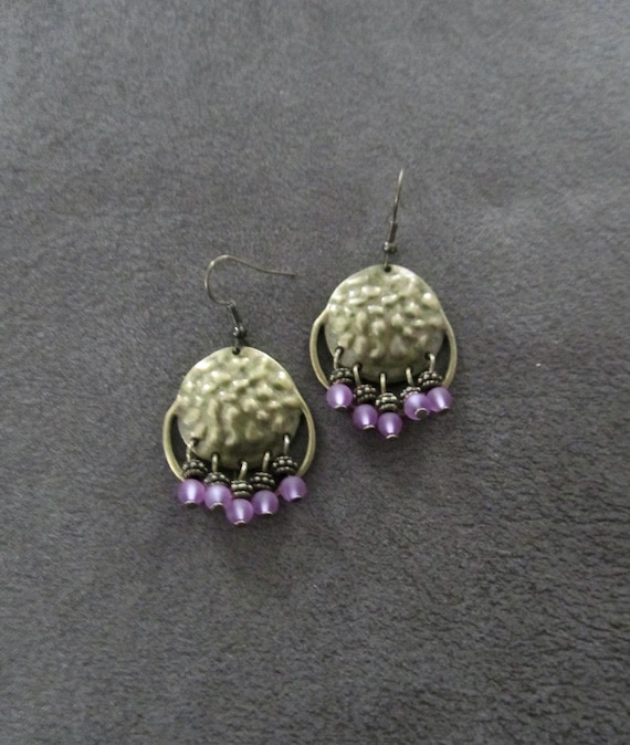 Lavender frosted glass and hammered bronze chandelier earrings