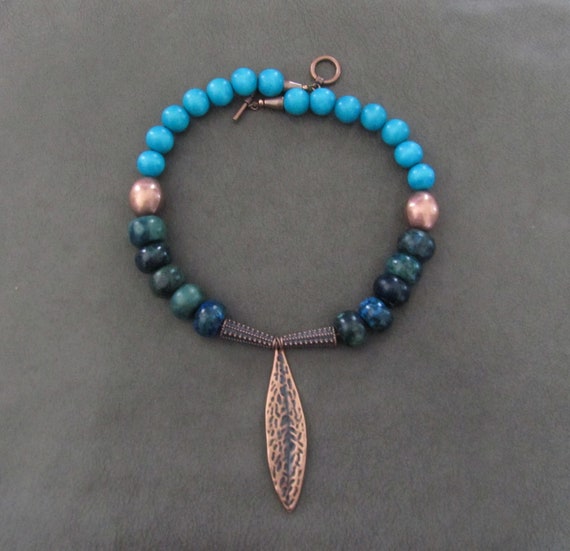 Chunky necklace, turquoise necklace, tribal ethnic necklace, unique statement necklace, wooden necklace, bold necklace, copper