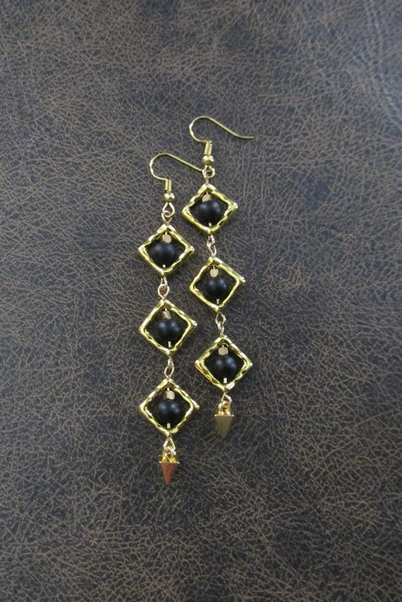 Long black frosted glass and gold earrings, geometric earrings