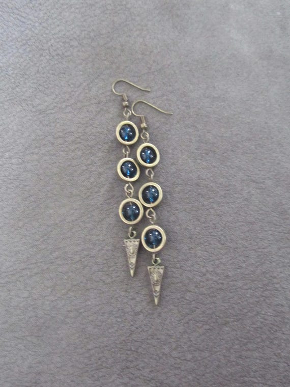 Blue glass earrings, geometric earrings, artisan bronze