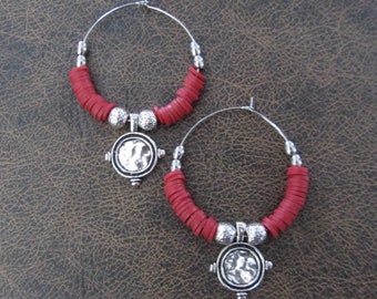 Silver and red polymer clay hoop earrings