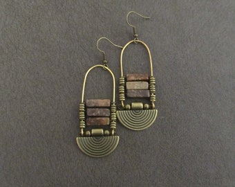 Chandelier earrings, Afrocentric jasper and bronze ethnic statement earrings, chunky bold earrings, African earrings, brown stone