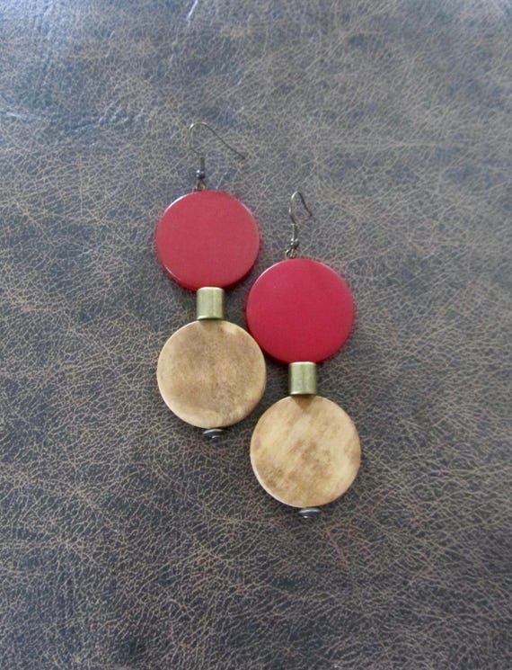 Large red wooden and natural earrings 2