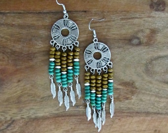 Southwestern chandelier earrings, long bohemian earrings green