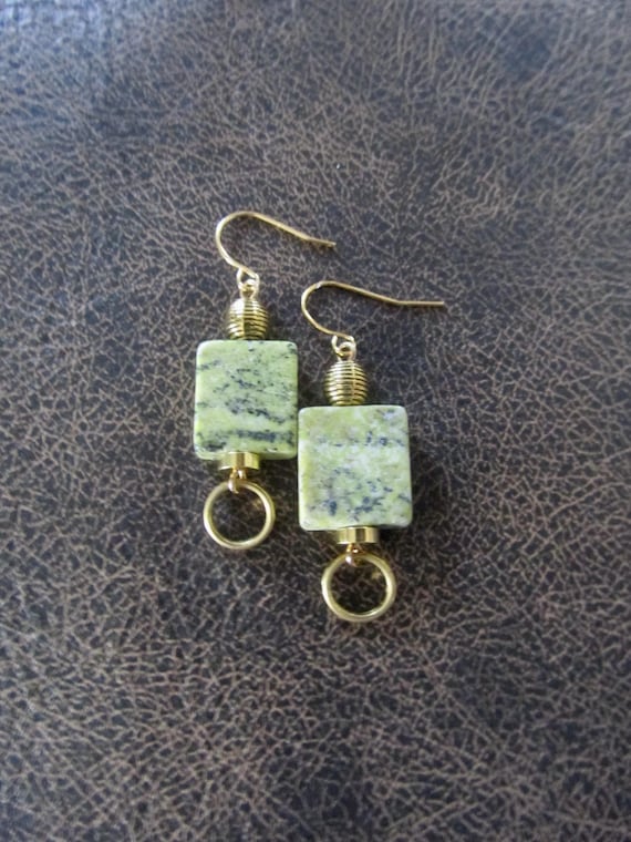 Green serpentine stone and gold modern earrings