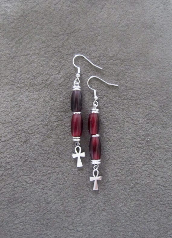 Ankh Egyptian African earrings, fertility symbol, red and silver