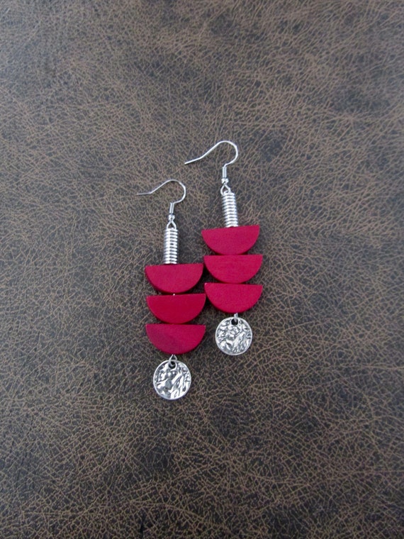 Red wooden earrings, Afrocentric earrings, mid century modern earrings, African earrings, bold statement, unique pagoda earrings