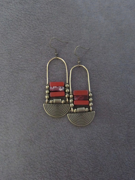 Chandelier earrings, Afrocentric jasper and bronze ethnic statement earrings, rust red stone
