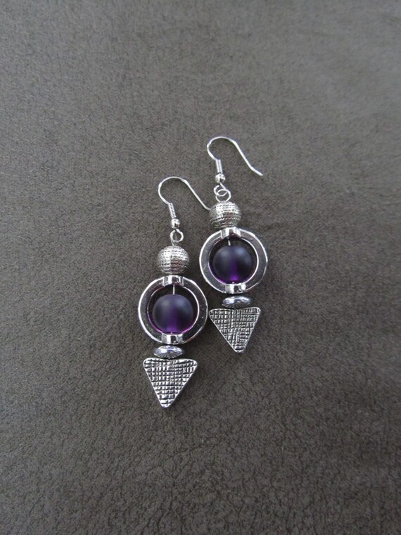Silver and purple frosted glass earrings 3
