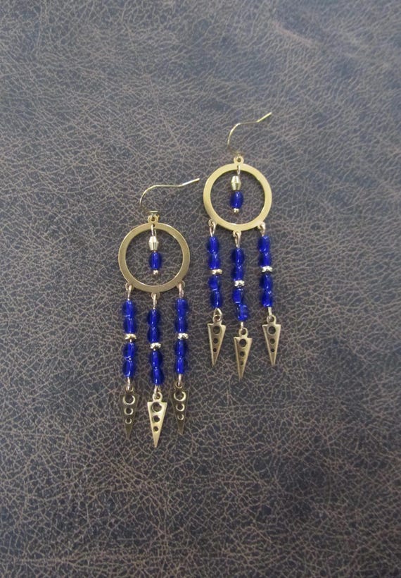 Chandelier royal blue crystal and gold earrings