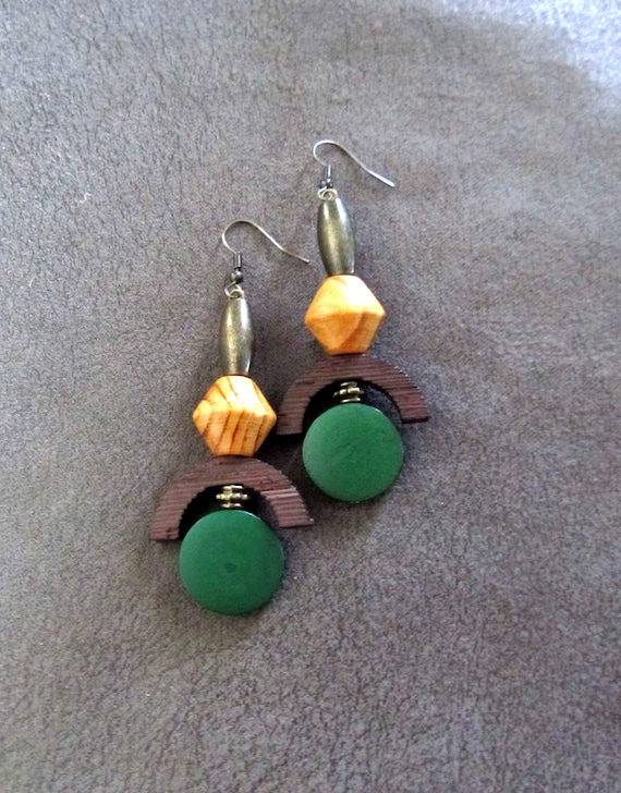 Carved wooden geometric earrings, green