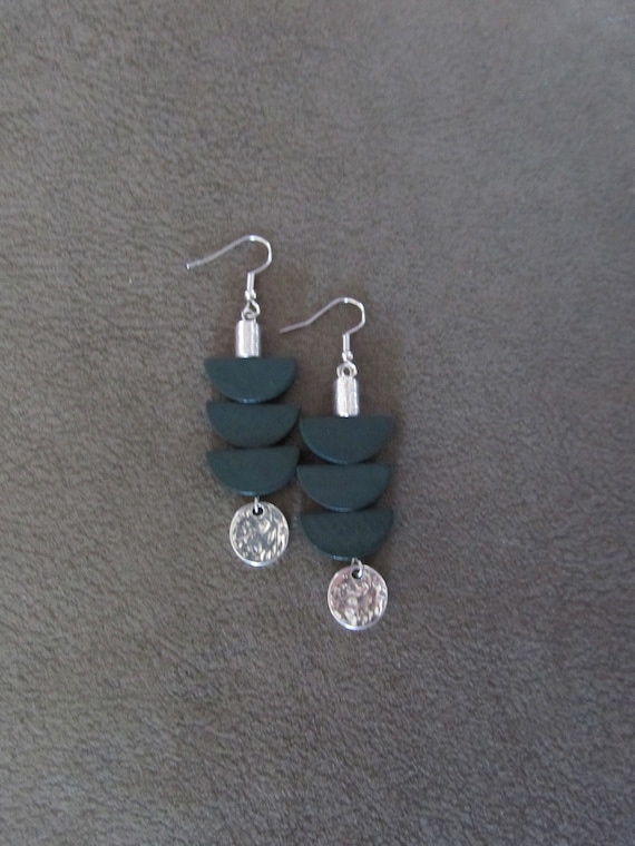 Green wooden earrings, mid century modern earrings, bold statement, unique pagoda earrings, silver