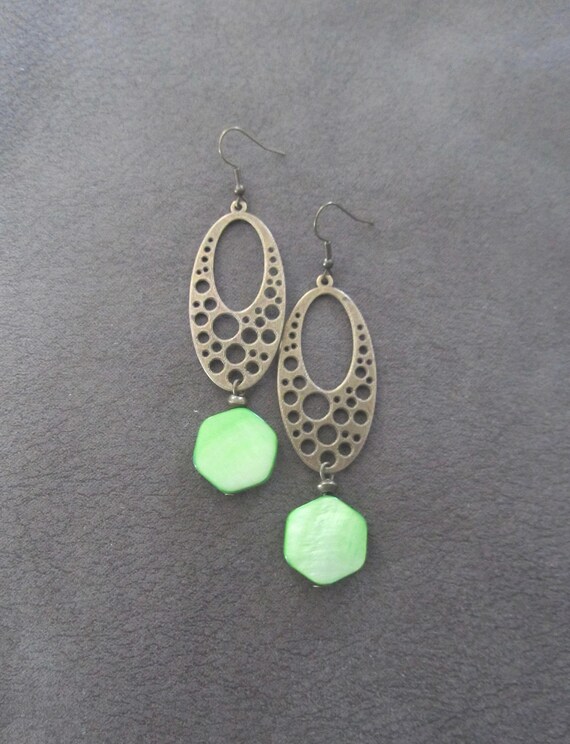 Boho Bronze Earrings: Green Mother of Pearl Shell, Mid Century Modern