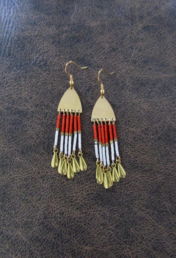 Orange and cream seed bead and gold stainless steel earrings