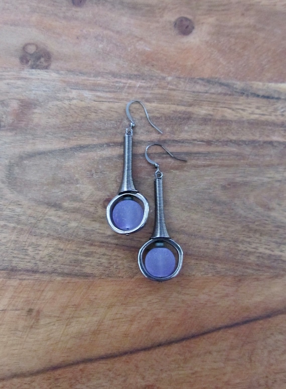 Mid century modern earrings lavender frosted glass and gunmetal earrings