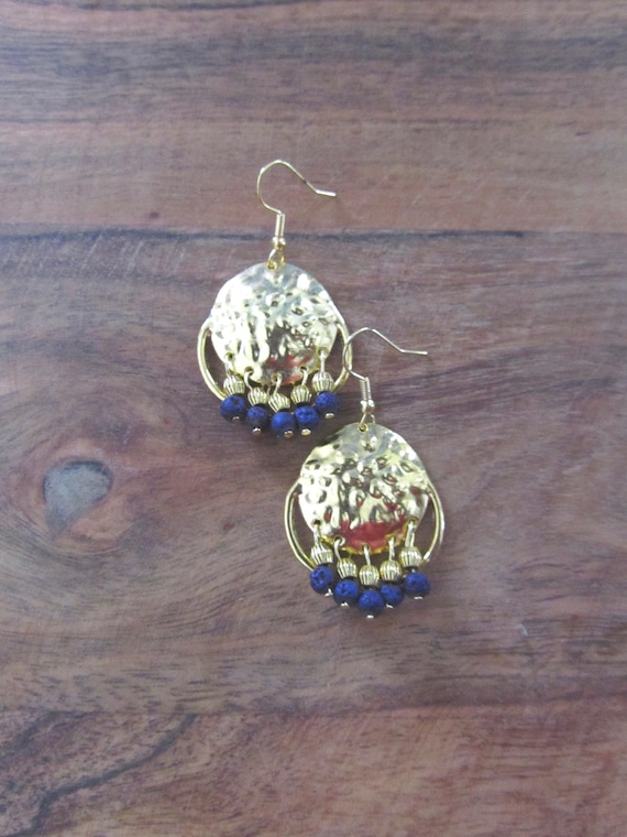 Chandelier earrings, hammered gold and purple lava rock