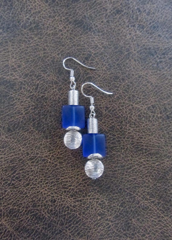 Silver and blue frosted glass earrings