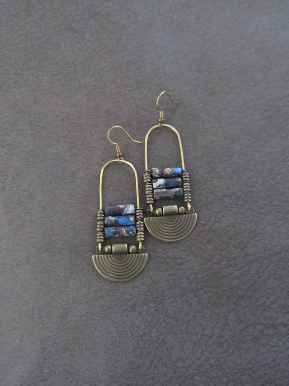 Imperial jasper earrings, blue tribal chandelier earrings, unique ethnic earrings, modern Afrocentric earrings, boho chic earrings