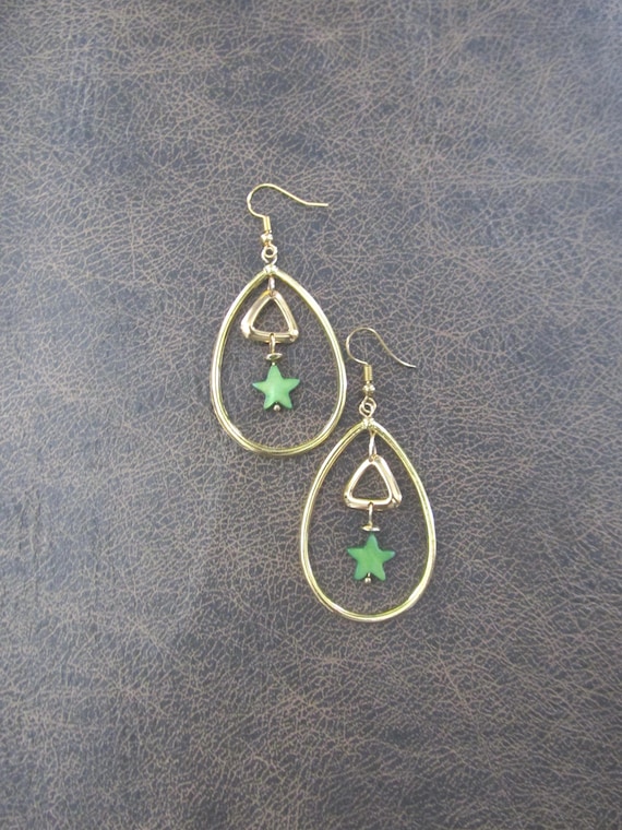 Gold and green mother of pearl shell star teardrop hoop earrings