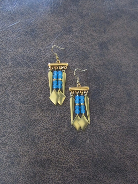 Light blue frosted glass and gold chandelier earrings